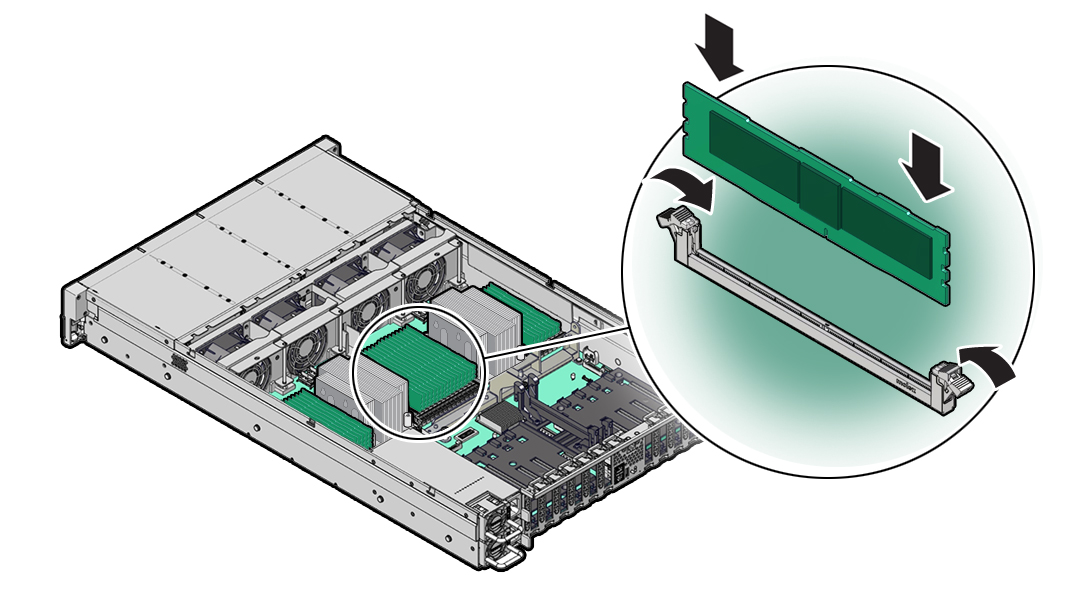 image:Figura en la que se muestra cómo un DIMM de memoria se instala en el controlador.