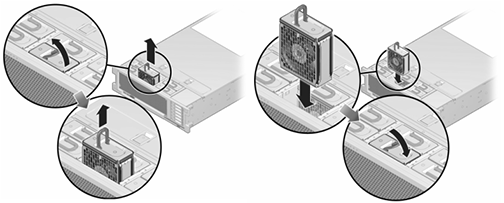 image:Gráfico en el que se muestra cómo extraer e instalar un módulo de ventilación en el controlador 7420