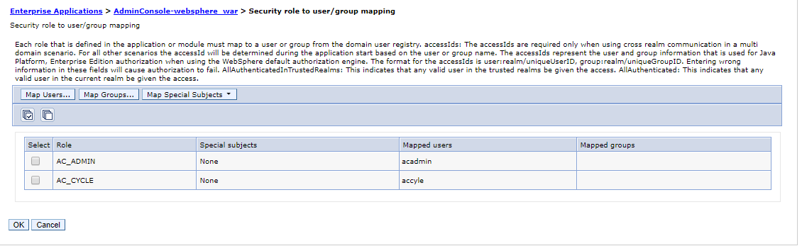 Security role to user/group mapping screen