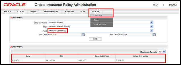 Table Menu in OIPA with Unit Value Selected