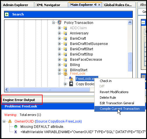Engine Error Output window