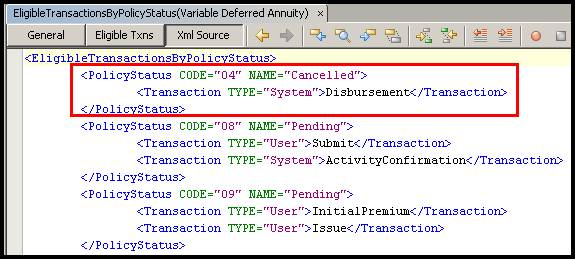 Example EligibleTransactionByPolicyStatus business rule XML