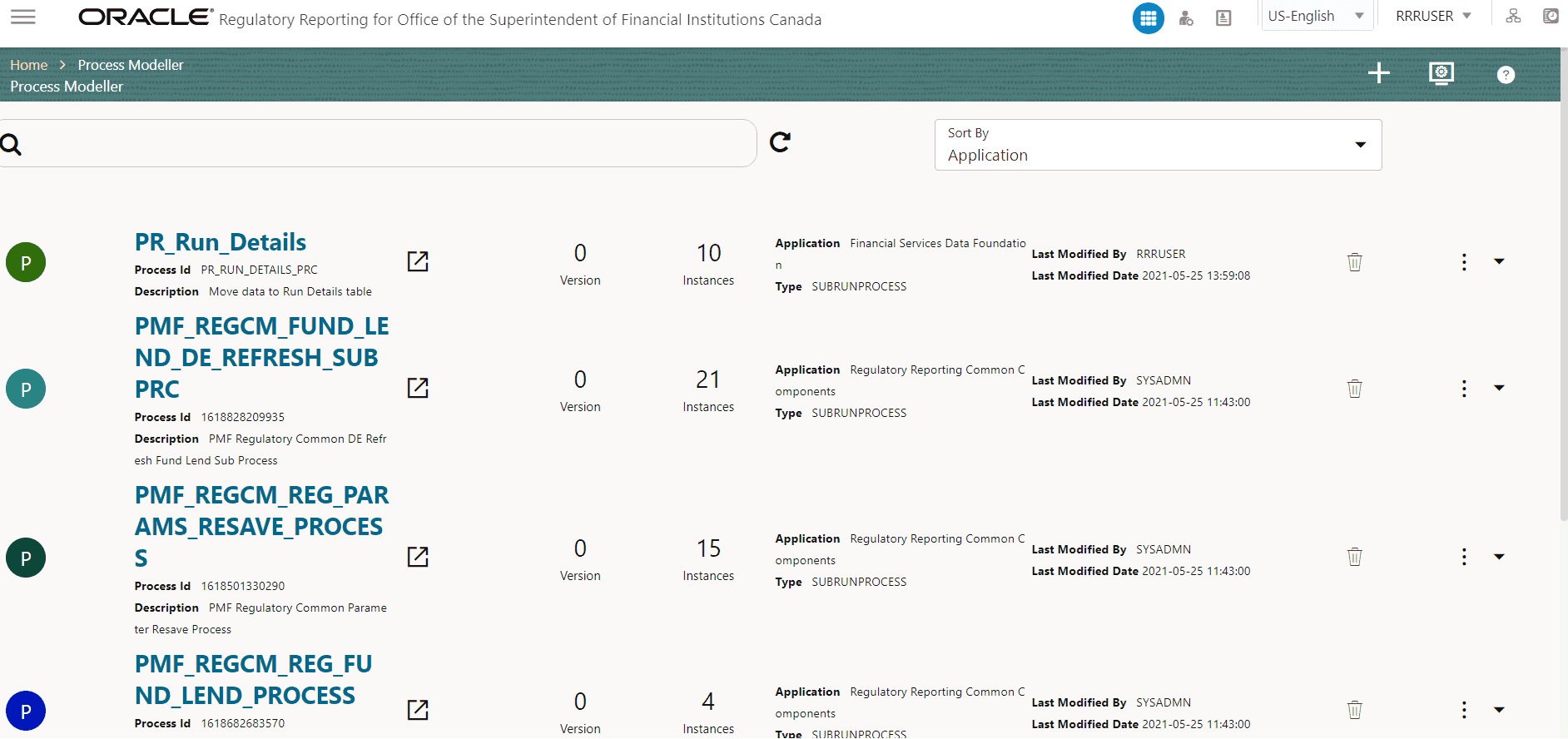 This illustration shows the list of runs that can be executed in the Process Modeler.