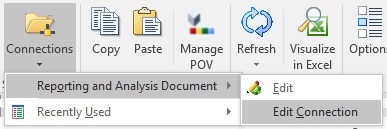 Smart Viewリボンの「接続」ボタンから表示されたドロップダウン・メニューで、「Reporting and Analysisドキュメント」オプションが展開されて「接続の編集」オプションが選択されています。
