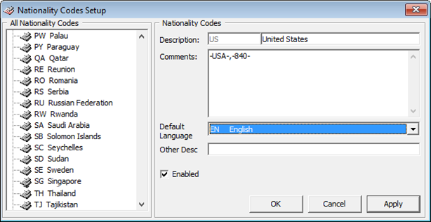 This figure shows Nationality Codes Setup window