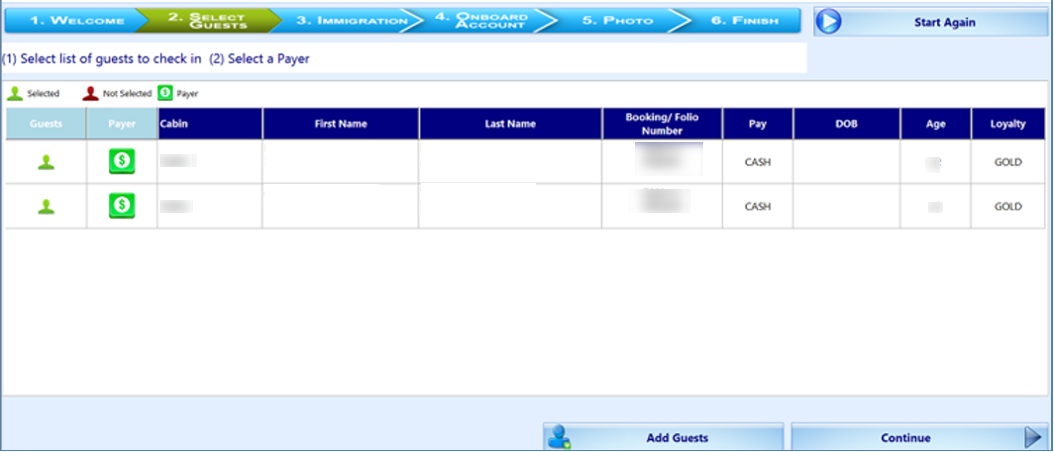 This figure shows the Select Guests screen in Check In Wizard