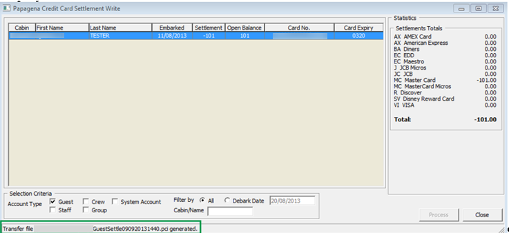 This figure shows the Credit Card Transfer — Settlement Write Screen