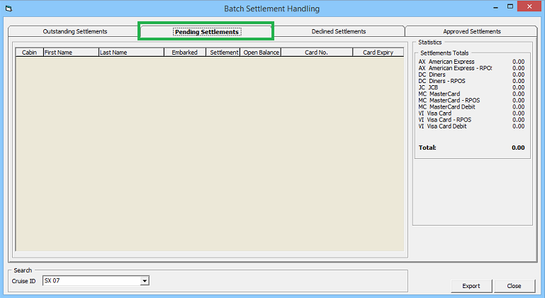 This figure shows the Management, Batch Settlement — Pending Settlement Tab