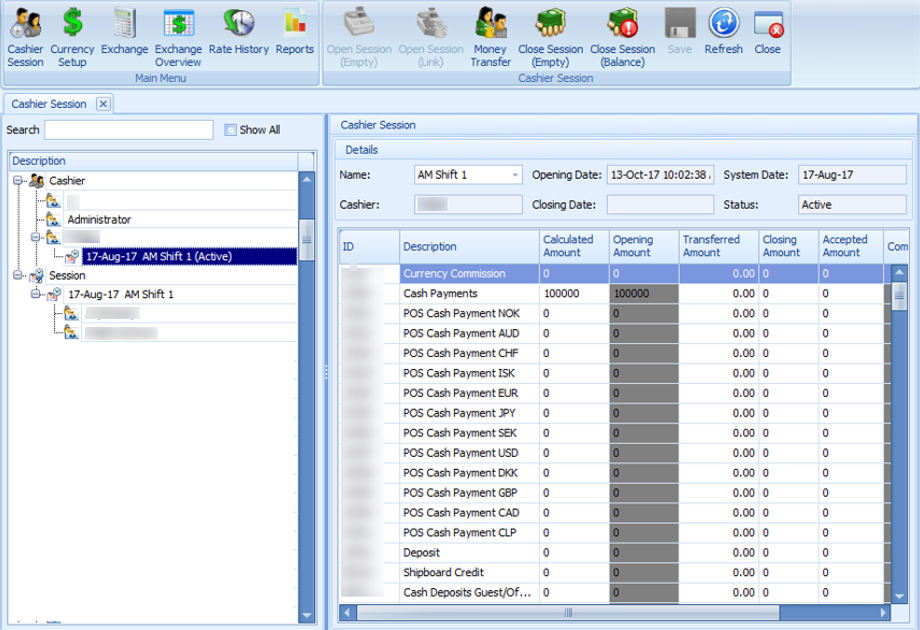 This figure shows the Exchange Transactions with Cashier Session (Open Session)