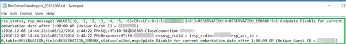 This figure shows the sample messages of records imported when the Stop Update On Embarkation Day is enabled.