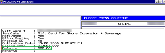 This figure shows the Void Gift Card Posting in MICROS Workstation