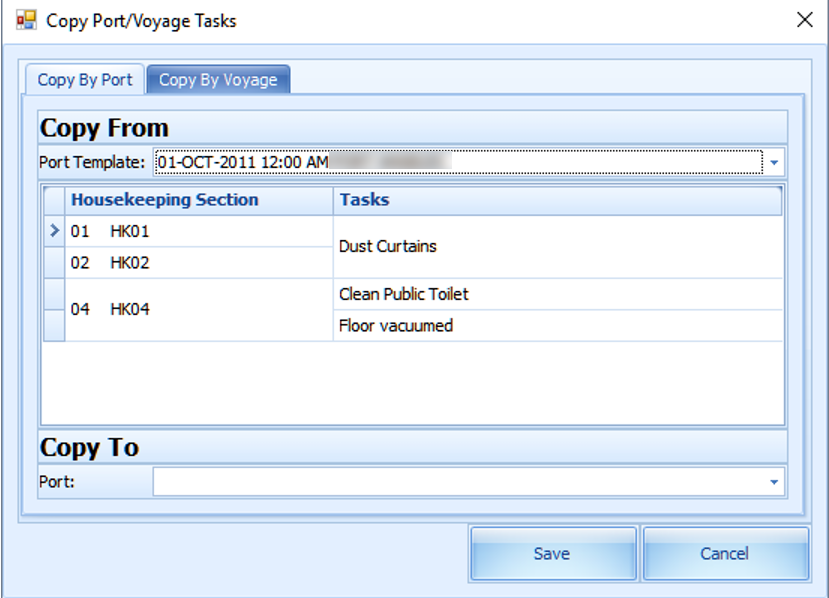 The figure shows the Copy Port/Voyage Tasks form.