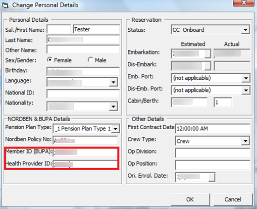The figure shows the Change Personal Details window with BUPA Member ID and Health Provider ID.