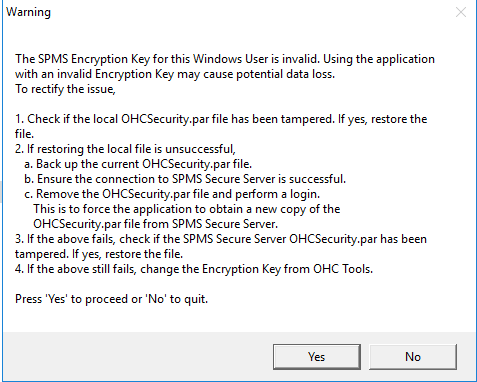 This figure shows the warning message for an invalid SPMS Encryption Key