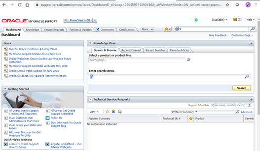 This figure shows the My Oracle Support Dashboard.