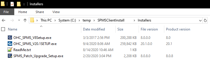 This figure shows the SPMS_V20.2SETUP file in SPMSClientInstall folder