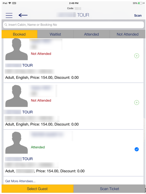 This figure shows the excursion booking list