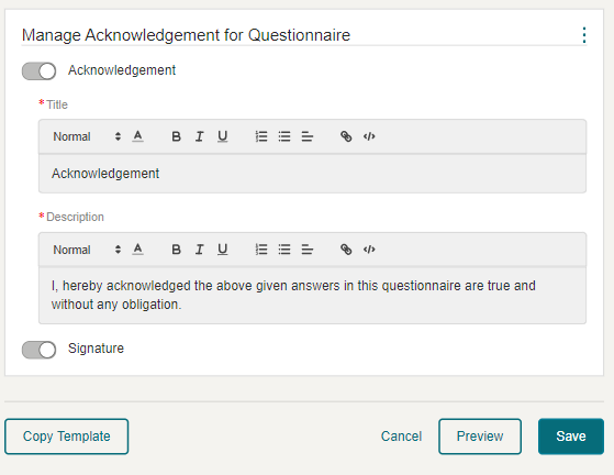 This figure shows the Acknowledgement for Questionnaire