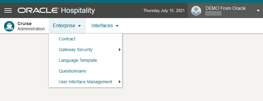 This figure shows the Administration Module, Enterprise Menu