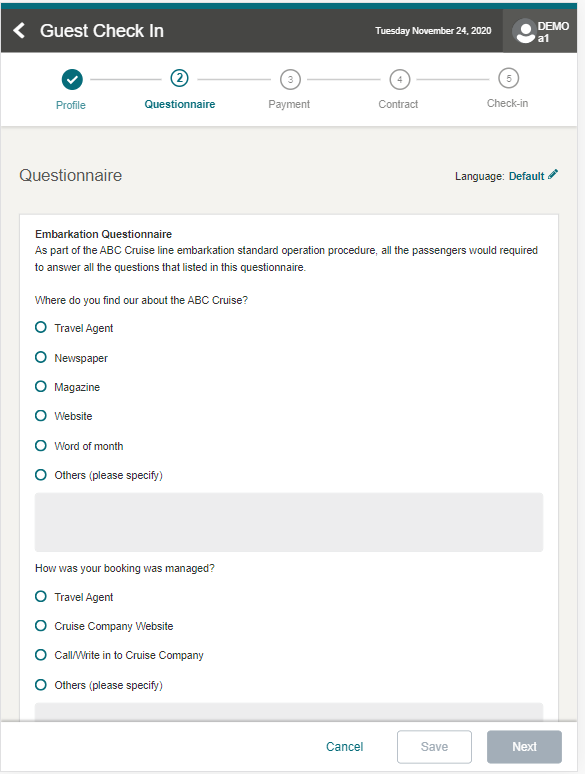 This figure shows the Questionnaire Page