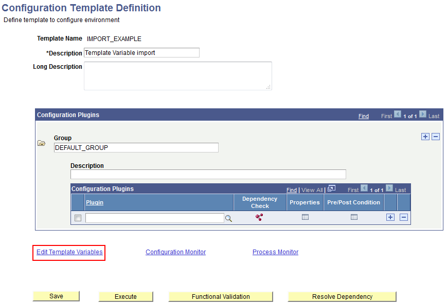 Configuration Template Definition page: Clicking Edit Template Variables
