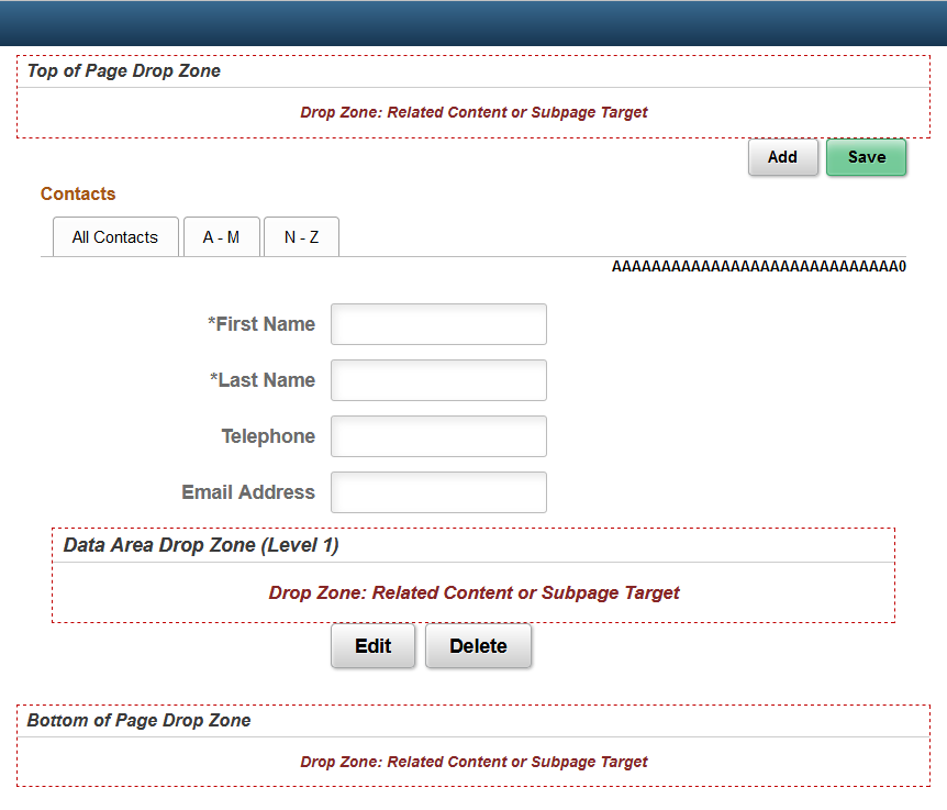 MYQUICKCONTACTS page: Preview rendering with related content drop zones