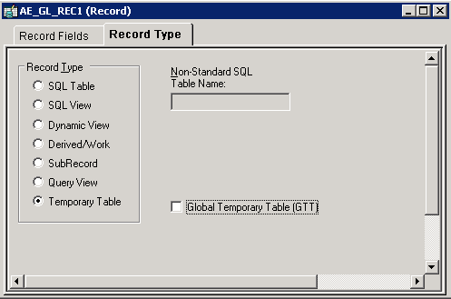 Example of the Global Temporary Table (GTT) option on the Record Type tab
