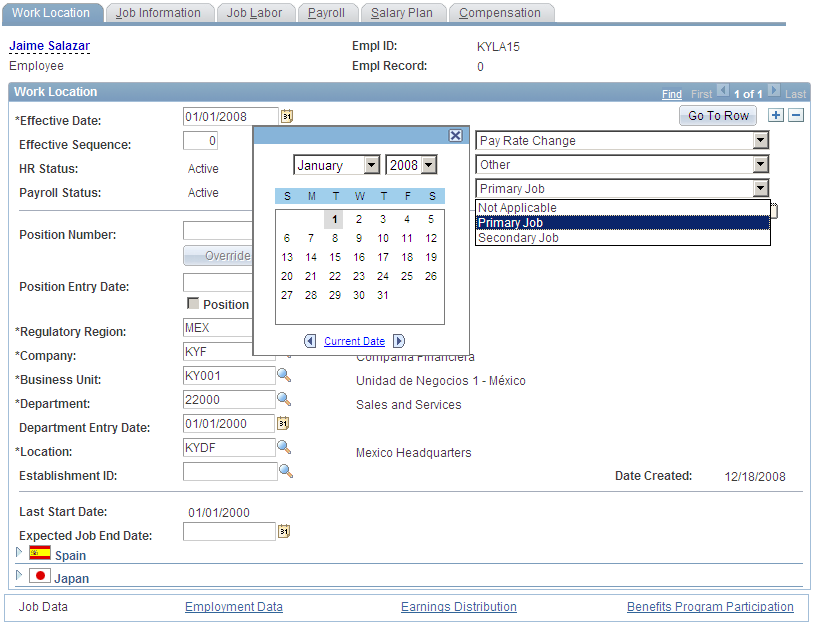 Work Location page showing sample prompt fields