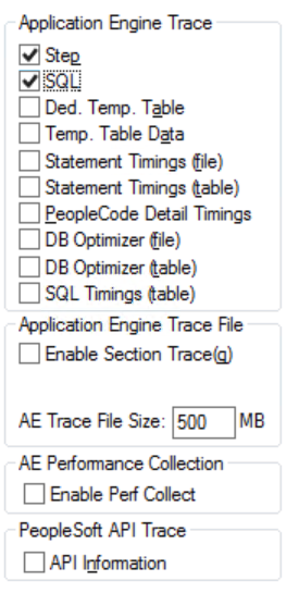 Application Engine Trace check boxes and file size