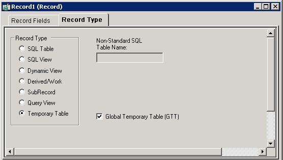 Global Temporary Table check box in Application Designer.