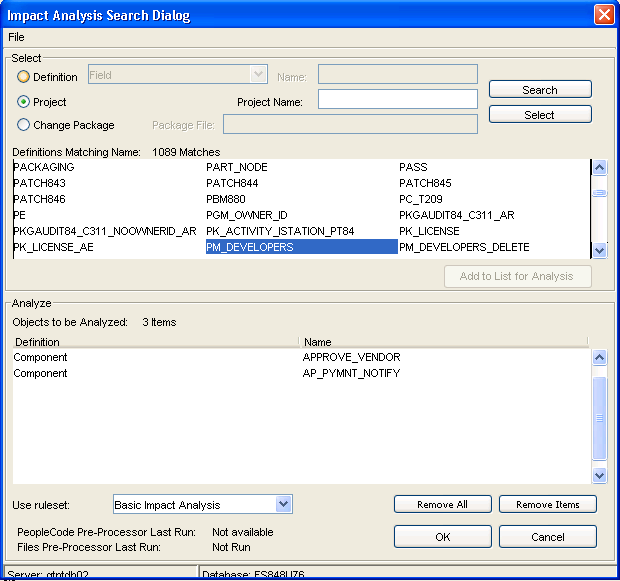 Impact Analysis Search Dialog