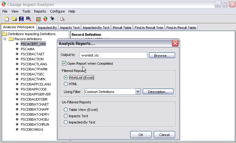 Analysis Reports dialog