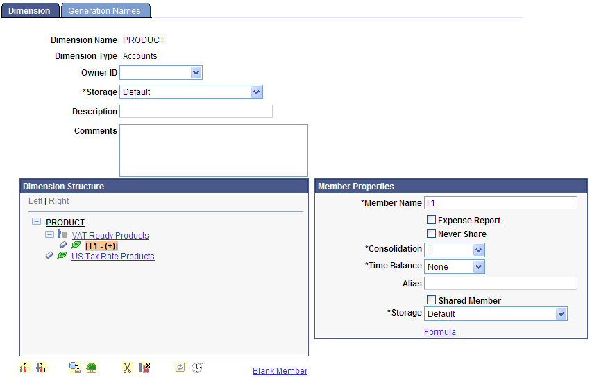 Example of the Dimension page with two nodes added under the PRODUCT root node