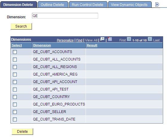 Dimension Delete page
