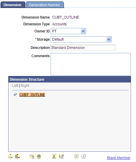 Example of the Dimension page when you first create the PRODUCT dimension