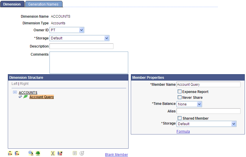 Example of the Dimension page with Account Query member