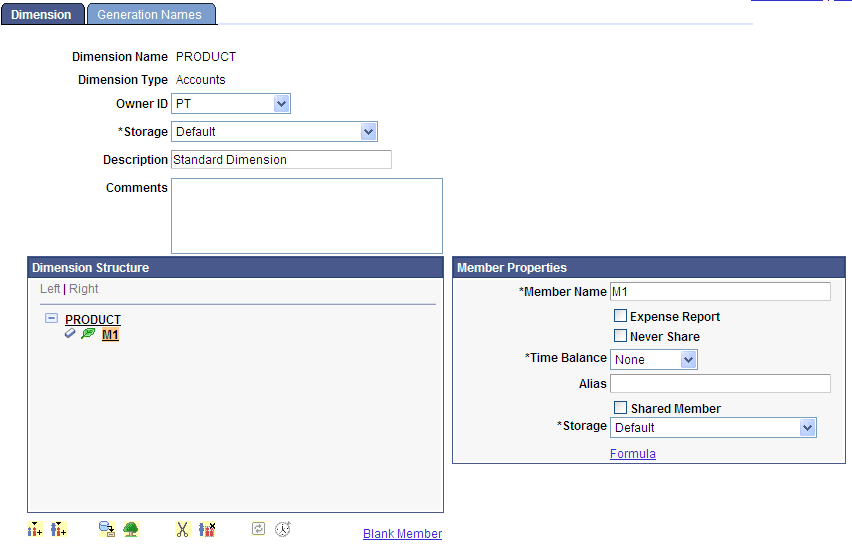 Example of the Dimension page with M1 member and its properties