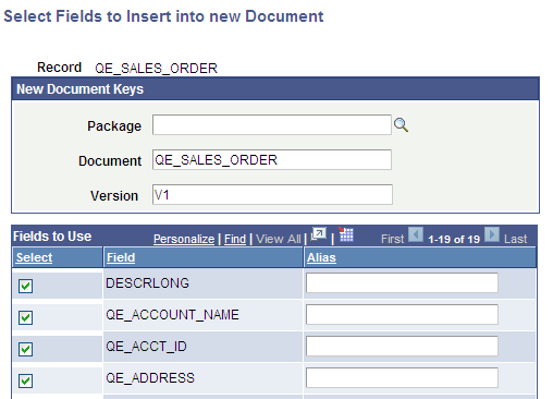 Select Fields to Insert in New Document page
