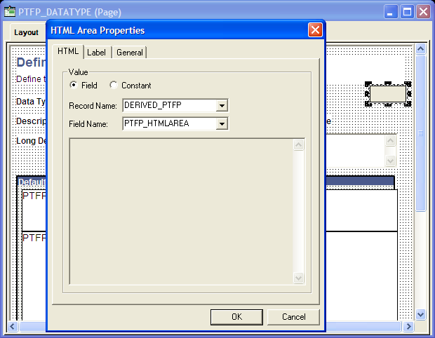 PTFP_DATATYPE page showing HTML area and HTML area properties dialog box