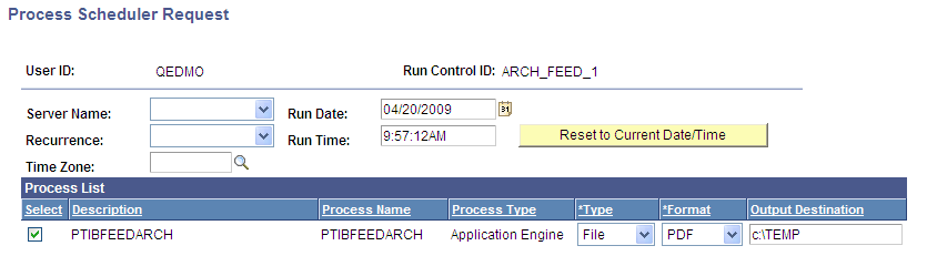 Process Scheduler Request page showing the PTIBFEEDARCH process