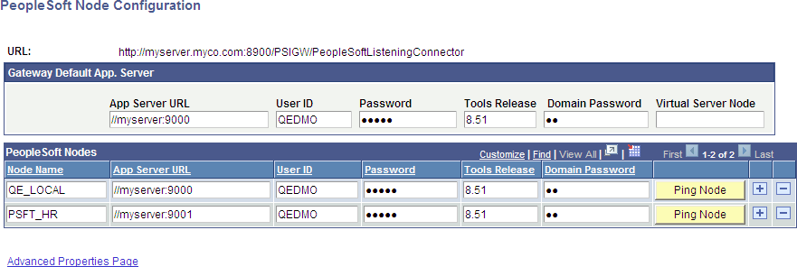 Example of the PeopleSoft Node Configuration page with a shared gateway configuration