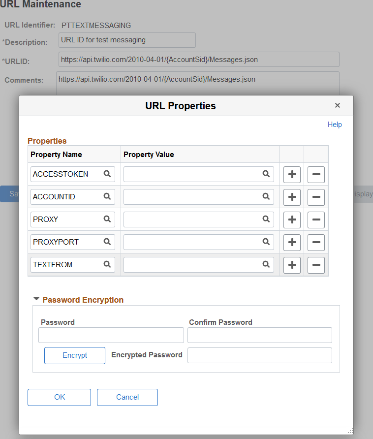 URL ID and properties for PTTEXTMESSAGING
