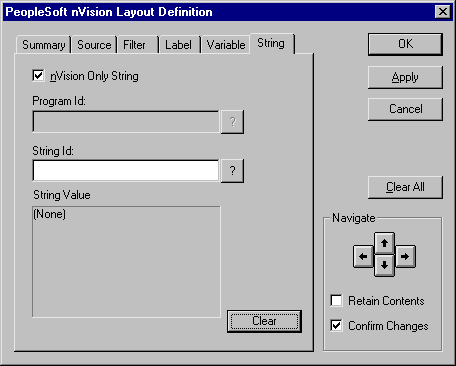 PeopleSoft nVision Layout Definition dialog box: String tab