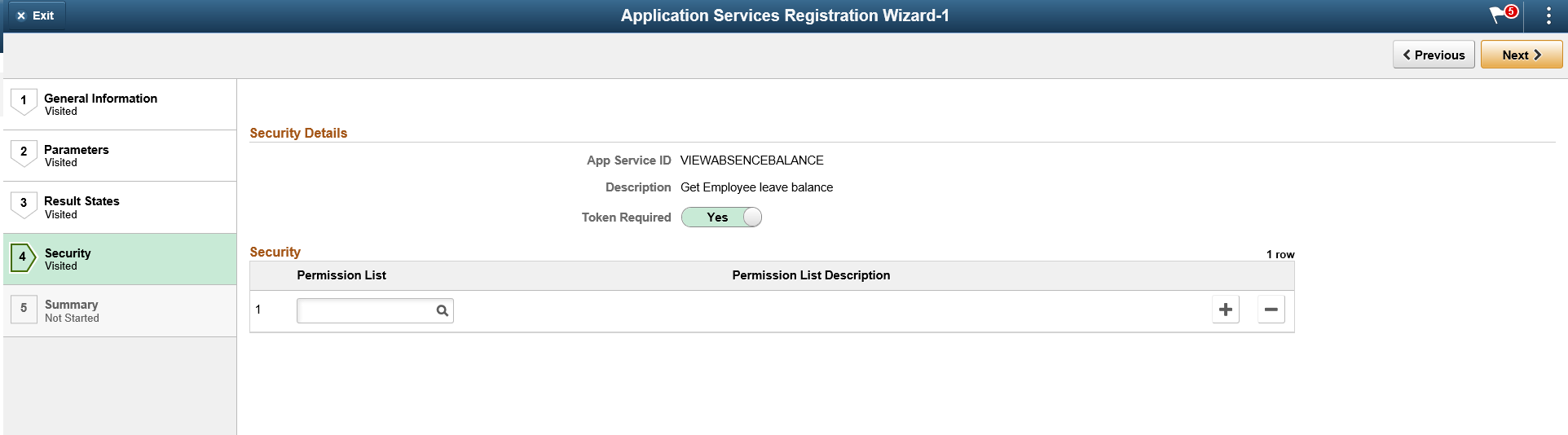 Application Service Registration Wizard - Security page