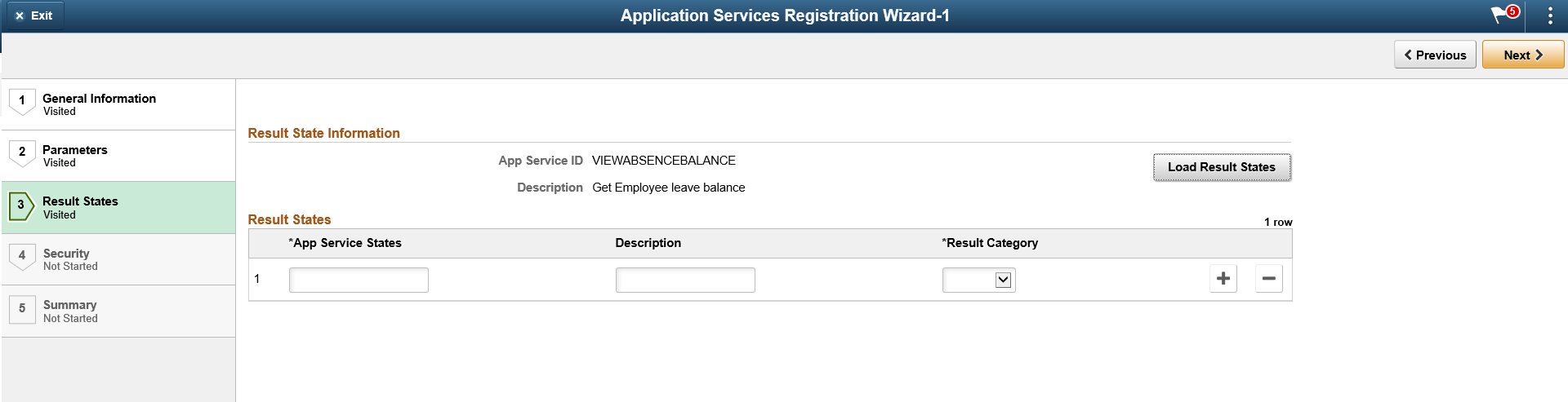 Application Service Registration Wizard - Result States page