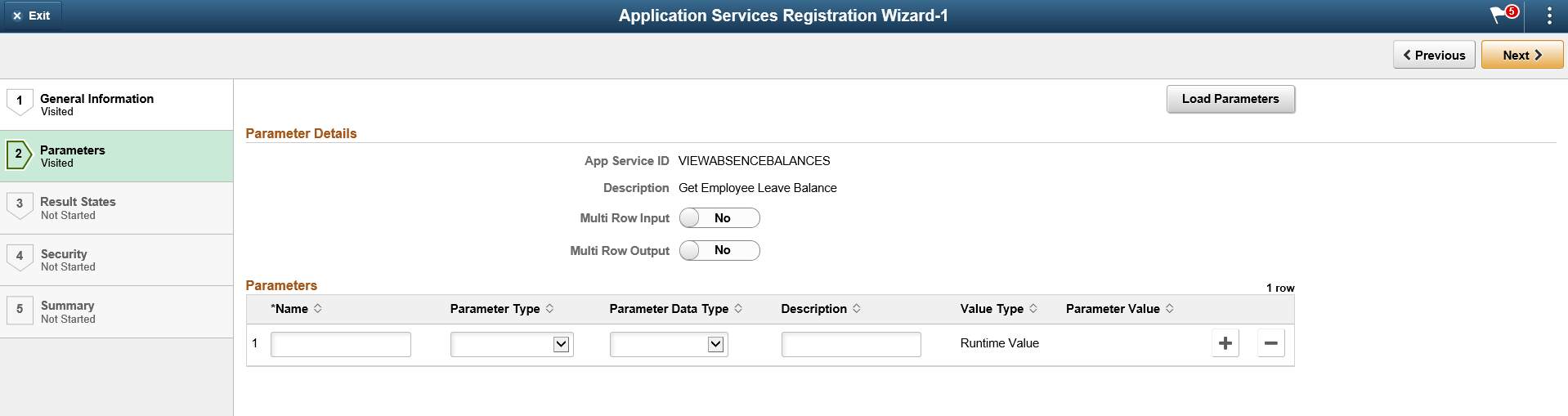 Application Service Registration Wizard - Parameters page