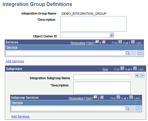 Integration Group Definitions page