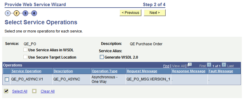 Provide Web Service - Select Service Operations page