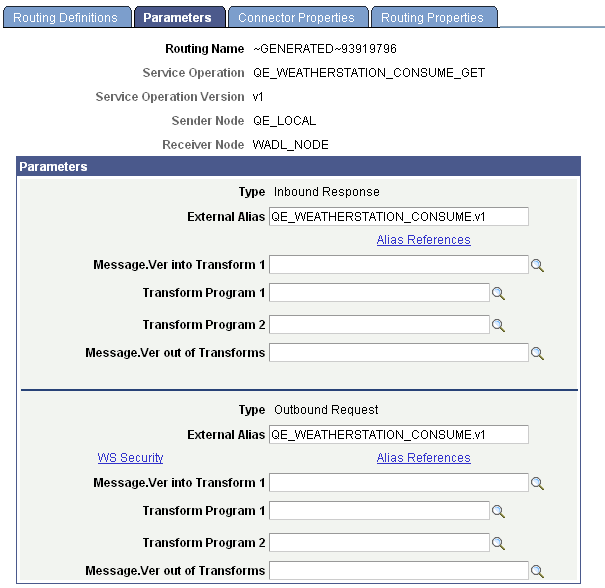 Routings - Parameters page