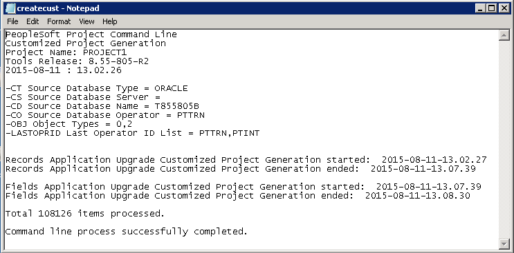 Example of log for creating a customization project